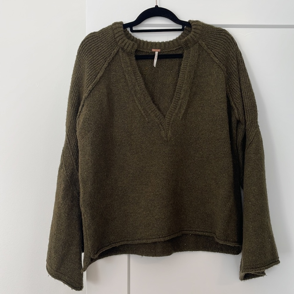 Free People Olive Green Flutter Sleeve Sweater